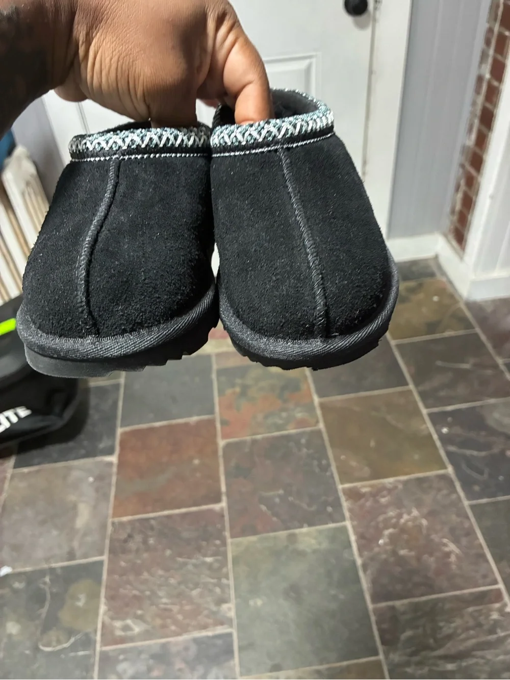 UGG Kids Black Suede Slip-On Slipper with Patterned Collar